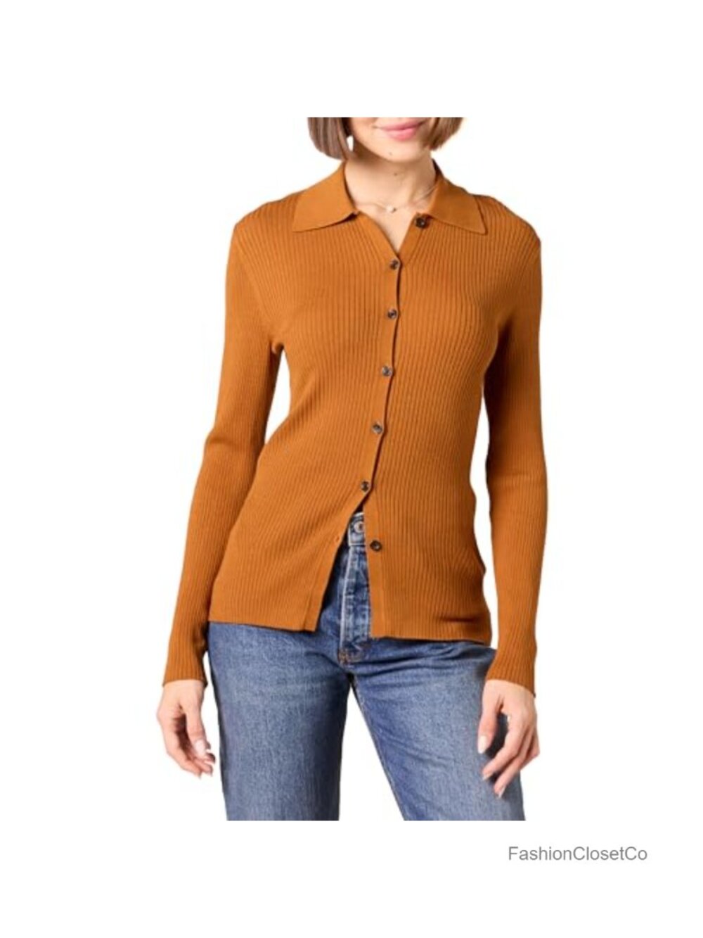 Fine Gauge Rib Knit Polo Cardigan Sweater Button Front Long Sleeve